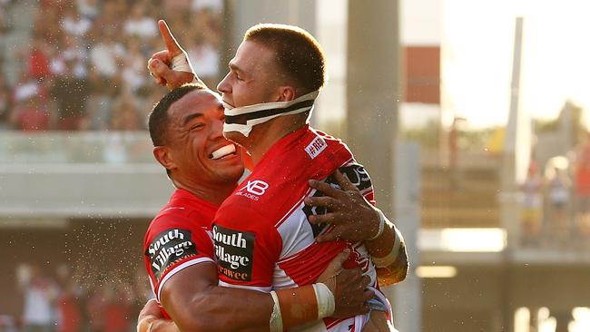 WOLLONGONG, AUSTRALIA — APRIL 01: Euan Aitken of the Dragons celebrates scoring a try during the round four NRL match between the St George Illawarra Dragons and the Newcastle Knights at WIN Stadium on April 1, 2018 in Wollongong, Australia. (Photo by Mark Nolan/Getty Images)