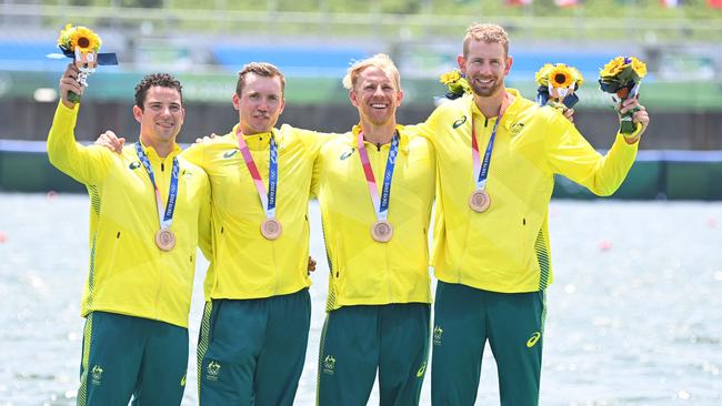 Bronze medallists Jack Cleary, Caleb Antill, Cameron Girdlestone and Luke Letcher. Picture: AFP