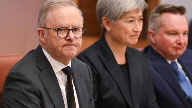 Anthony Albanese, Foreign Minister Penny Wong and Energy Minister Chris Bowen at the first cabinet meeting of the new government on Monday. Picture: NewsWire / Martin Ollman