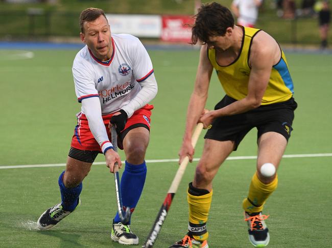 Geoff Abbott and Alastair Oliver during the MenÃs Hockey SA Premier League Grand Finals at MATE Stadium, Saturday, September 18, 2021. (The Advertiser/ Morgan Sette)