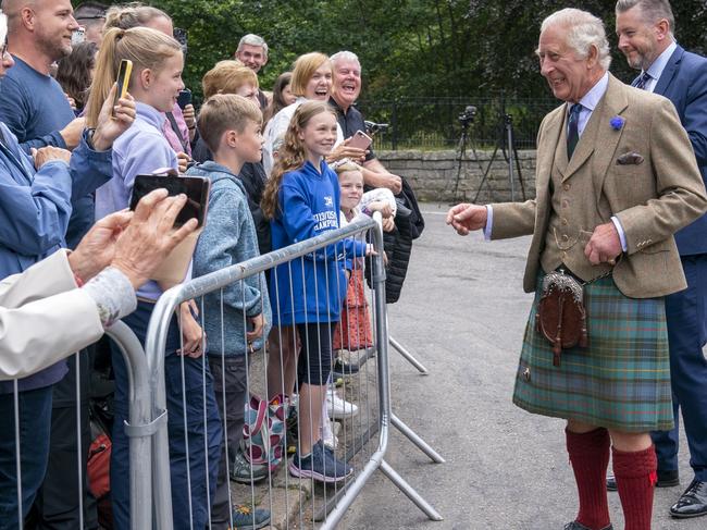 King Charles III meets members of the public at the gates of Balmoral, as he takes up summer residence at Balmoral Castle. Picture: Getty Images