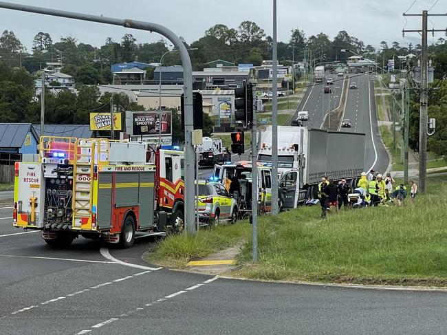 A motorcycle rider was rushed to hospital following a crash with a truck in Gympie on Friday morning.