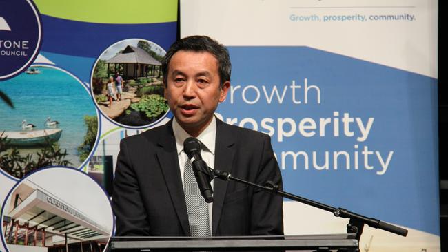 Sumitomo Corporation Australia managing director Mr Yoshikazu “Cash” Ishikawa addresses the launch of the Gladstone Hydrogen Ecosystem project. Picture: Rodney Stevens