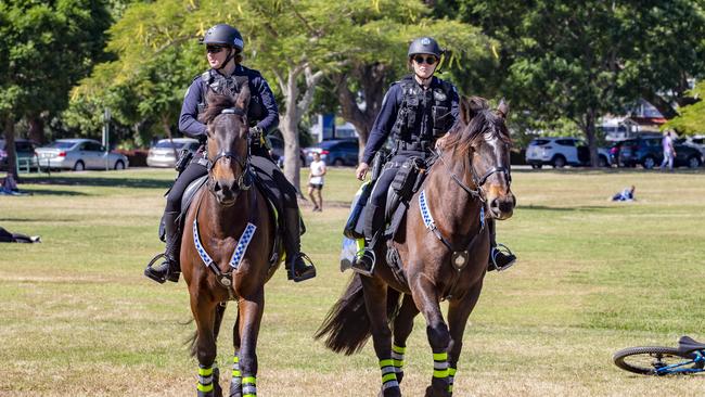 Queensland Police Mounted Unit patrolling New Farm Park during coronavirus restrictions. Picture: Richard Walker