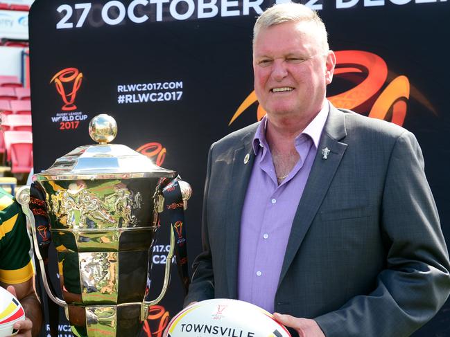 Rugby League World Cup 2017. RLWC CEO Michael Brown, and North Queensland Cowboy's Johnathan Thurston for the announcement of Townsville city hosting three matches in the 2017 Rugby League World Cup. Picture: Wesley Monts