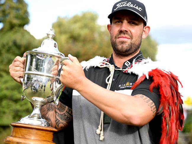 QUEENSTOWN, NEW ZEALAND - MARCH 02: Ryan Peake of Australia celebrates with the New Zealand Open trophy after winning the 2025 New Zealand Open at Millbrook Resort on March 02, 2025 in Queenstown, New Zealand. (Photo by Hannah Peters/Getty Images)