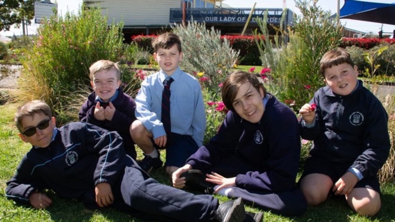 Our Lady of Lourdes students (left to right) Darius Lait, Tyler Shakespeare, Levi Roberts, Tim Furminger and Ben Vidler helping the school prepare for the The Chronicle Garden Competition 2021.