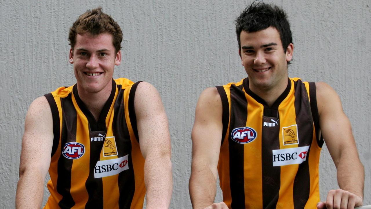 Jarryd Roughead and Jordan Lewis ahead of their first game for Hawthorn in 2005. Photo: Kelly Barnes