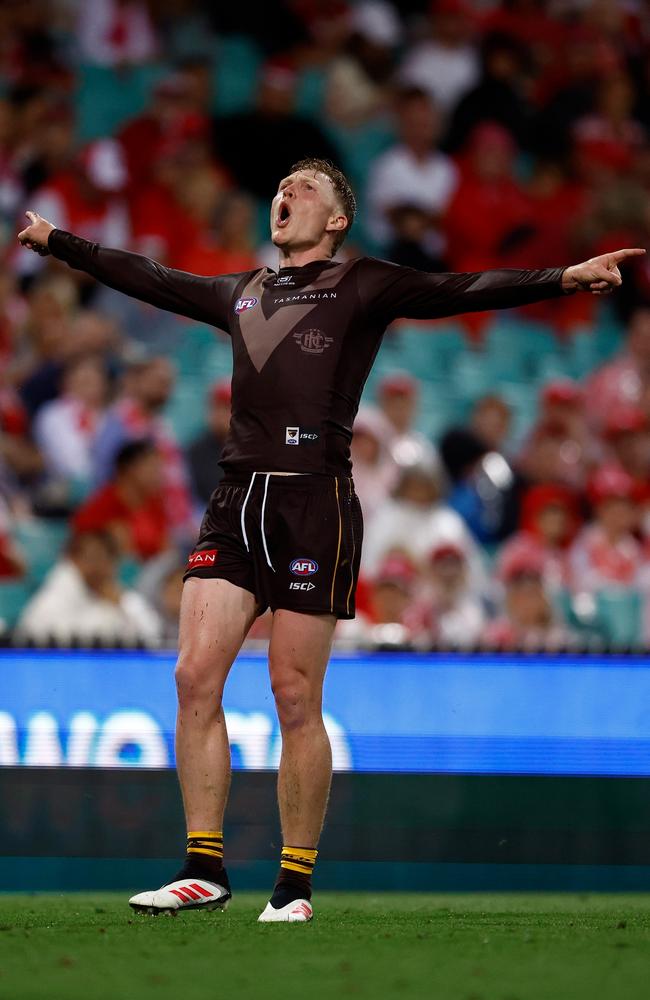 Hawthorn skipper James Sicily celebrates on Friday night. Picture: Michael Willson/AFL Photos