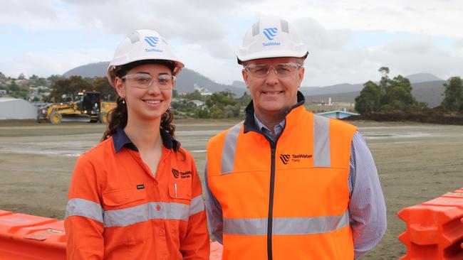 TasWater site engineer Sarah Dall'Alba and General manager project delivery Tony Willmot at the Selfs Point site. Picture: Elise Kaine