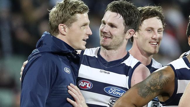 Patrick Dangerfield with Scott Selwood after the win. Picture: Sarah Reed