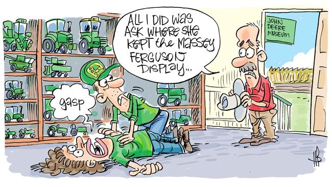 Cartoonist Harry Bruce's take on the John Deere museum at Calen. Today's cartoon has been brought to you by Dawson MP George Christensen. George is a proud supporter of free speech and the ability of our cartoonists to take the mickey out of the political class. Picture: Harry Bruce