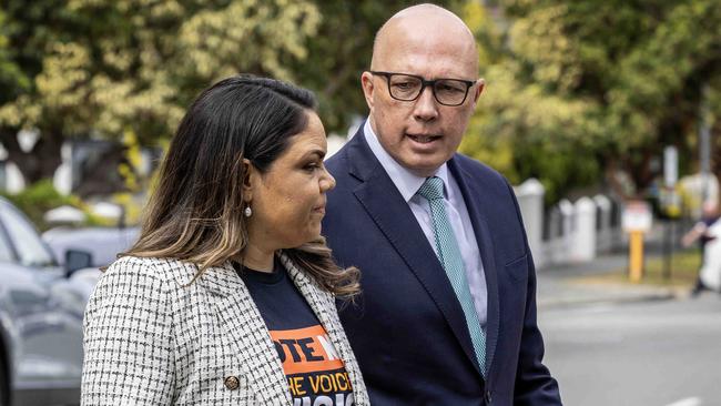 Opposition Indigenous Australians spokeswoman Jacinta Nampijinpa Price and Peter Dutton in Perth earlier this week to promote the No vote. Picture: Colin Murty