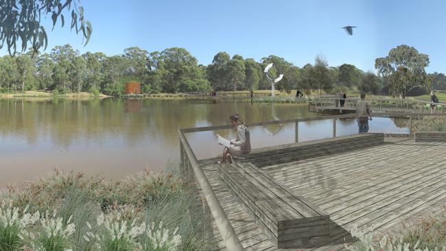 An artists impression of the lake and boardwalk at the proposed Macarthur Memorial Park.