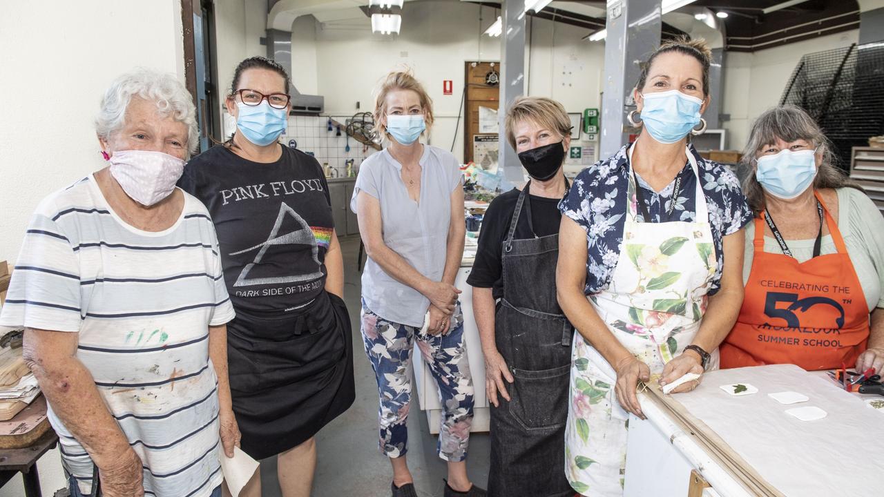 (from left) Lorna Robertson, Kylie Harries, Karen Clamp, Anita Mangakahia and Susan Hannigan. Immersive printmaking adventure-Cyanotypes and Eco-printing with Anita Mangakahia. McGregor Summer School at USQ. Friday, January 14, 2022. Picture: Nev Madsen.