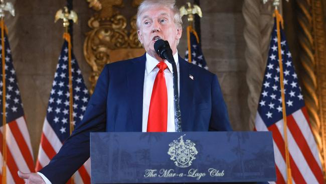 Mr Trump speaking at Mar-a-Lago. Picture: Joe Raedle/Getty Images via AFP