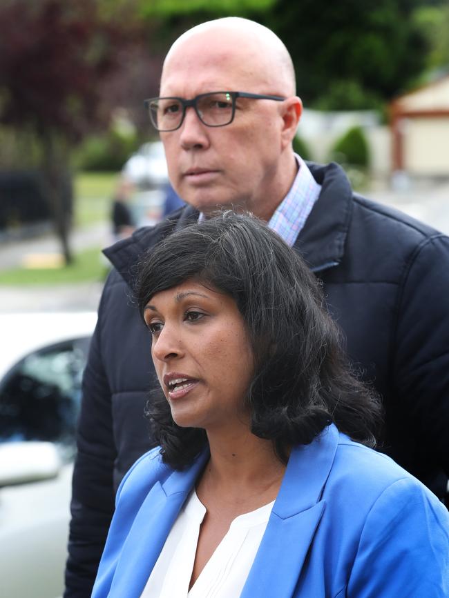 Peter Dutton and the Liberal candidate in Aston, Roshena Campbell. Picture: David Crosling