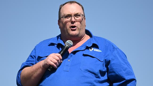 Ben Sutherland from the Keep the Sheep lobby group speaks at the National Ag Rally in Canberra where farmers have gathered to protest over “anti-farming” policies. Pictures: Martin Ollman