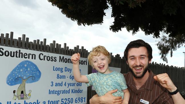 Southern Cross Montessori Leopold childcare centre's Ethan Drummond has won the Geelong Addy reader vote for the best indergarten/childcare centre teacher for 2023. Pictured with Isaac, 3. Picture: Alison Wynd