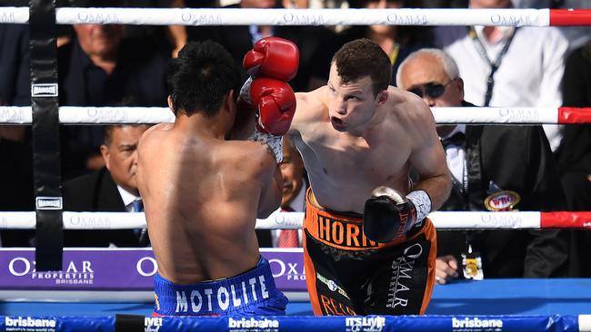 Jeff Horn and Manny Pacquiao in their WBO World Welterweight title fight at Suncorp Stadium. Picture: AAP