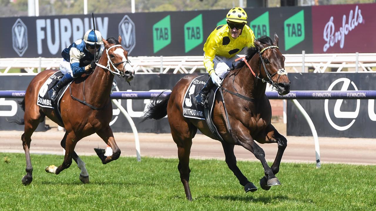 Without A Fight (IRE) ridden by Mark Zahra wins the Lexus Melbourne Cup at Flemington Racecourse on November 07, 2023 in Flemington, Australia. (Photo by Brett Holburt/Racing Photos via Getty Images)