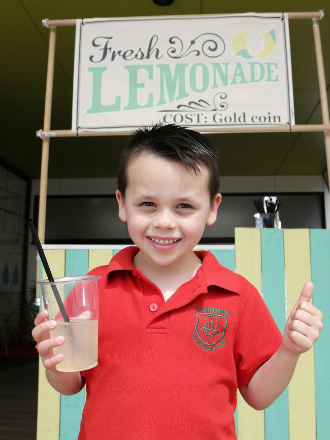 Six year-old Bradley Berry is selling lemonade to raise funds to help sick children. Picture: George Salpigtidis