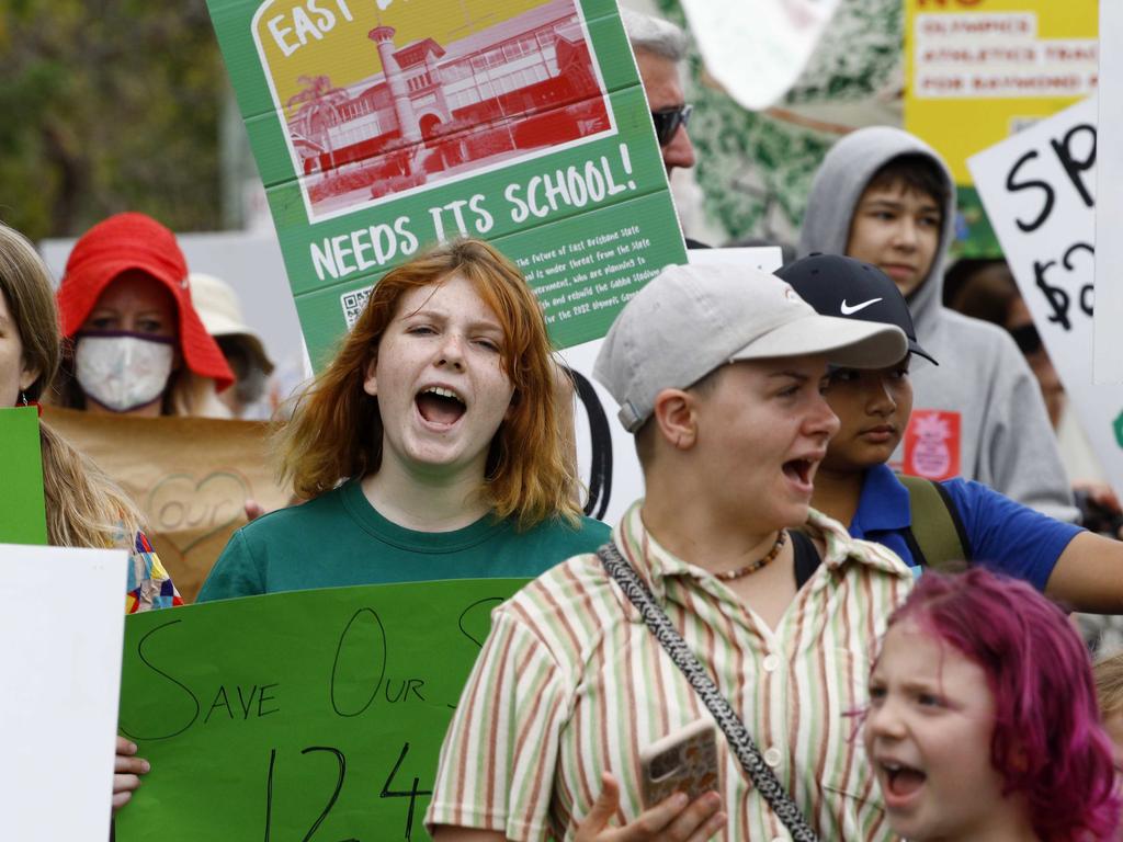 Many of the protesters want to stop East Brisbane State School being redeveloped. Picture: NCA NewsWire/Tertius Pickard