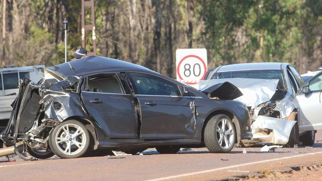 A woman has died after a three car crash on the Arnhem Hwy on Saturday. Picture: Glenn Campbell