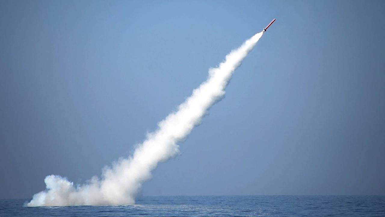 A Pakistani nuclear-capable cruise missile launched from a submarine. Picture: ISPR/AFP