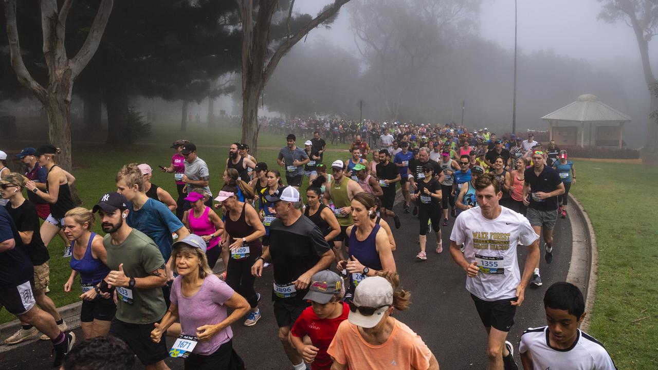 Runners at the start of the 10km event of Peak2Park 2022, Sunday, April 3, 2022. Picture: Kevin Farmer