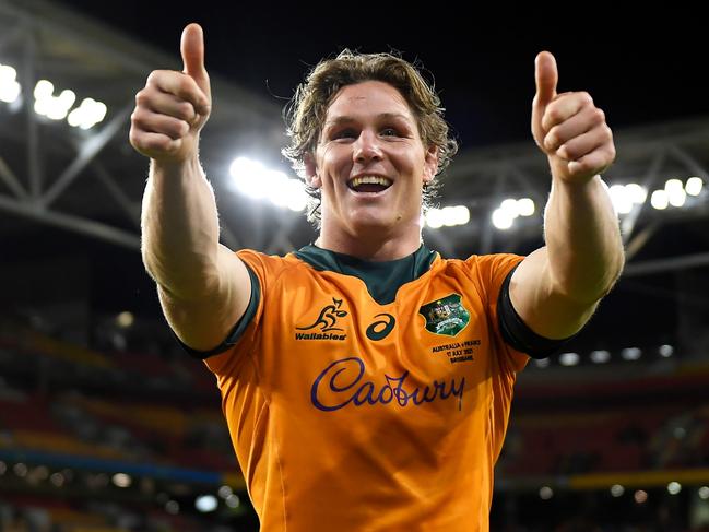 BRISBANE, AUSTRALIA - JULY 17: Michael Hooper of the Wallabies thanks the crowd as he celebrates victory during the International Test Match between the Australian Wallabies and France at Suncorp Stadium on July 17, 2021 in Brisbane, Australia. (Photo by Albert Perez/Getty Images)