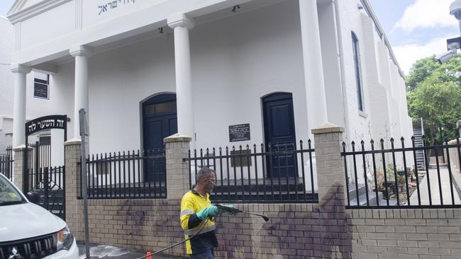 Several red swastikas were allegedly graffitied across the front of the place of worship. Picture: Jeremy Piper