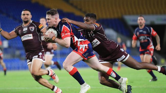 17th October 2020, Runaway Bay Seagulls full back John Mackin scores the match winning try during the Gold Coast Rugby League A-Grade Grand Final against the Burleigh Bears played at CBus Stadium Photo: Scott Powick Newscorp