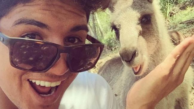 Gabriel Medina paid a visit to the Currumbin Wildlife Sanctuary to visit the kangaroos while waiting out the lay days for the Quiksilver Pro. Photo Facebook.