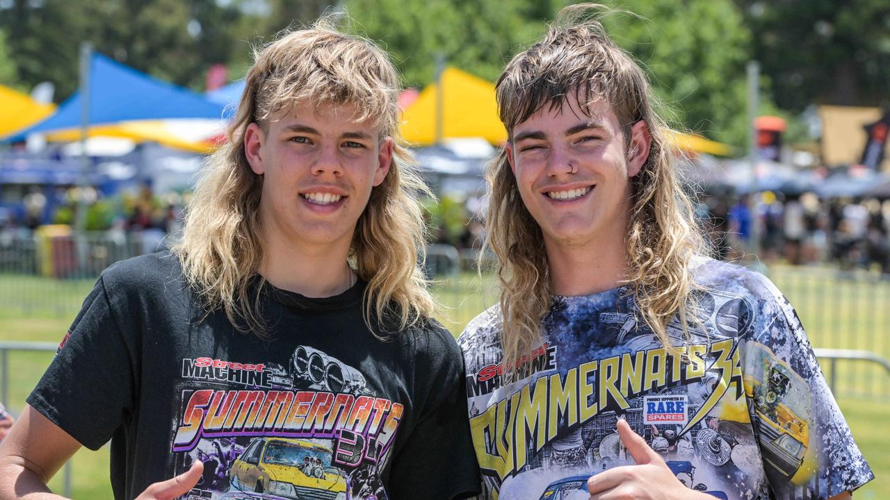 Jake and Jye Harris vying for best mullet at the VALO Adelaide 500. Picture: Brenton Edwards