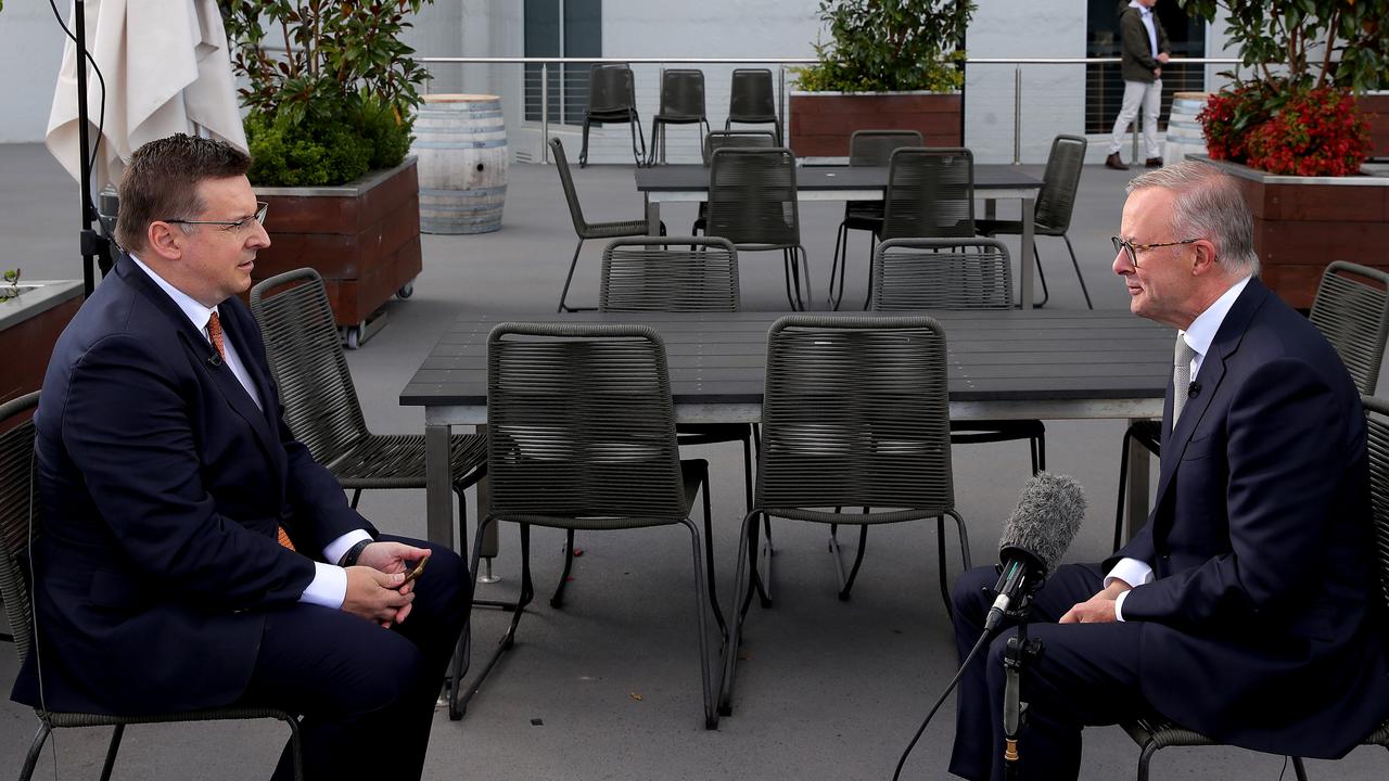 Sky News journalist Andrew Clennell interviews Anthony Albanese. Picture: Toby Zerna