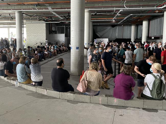 A small part of the large queue spotted at the Gold Coast vaccination hub today.