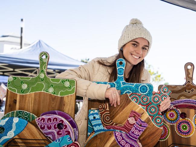 Izabella Hazard of Vibrant Connection Designs with some of her items at the NAIDOC arts and craft market at Grand Central, Saturday, July 9, 2022. Picture: Kevin Farmer