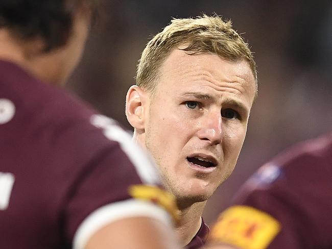 TOWNSVILLE, AUSTRALIA - JUNE 09: Daly Cherry-Evans of the Maroons speaks to his players during game one of the 2021 State of Origin series between the New South Wales Blues and the Queensland Maroons at Queensland Country Bank Stadium on June 09, 2021 in Townsville, Australia. (Photo by Ian Hitchcock/Getty Images)