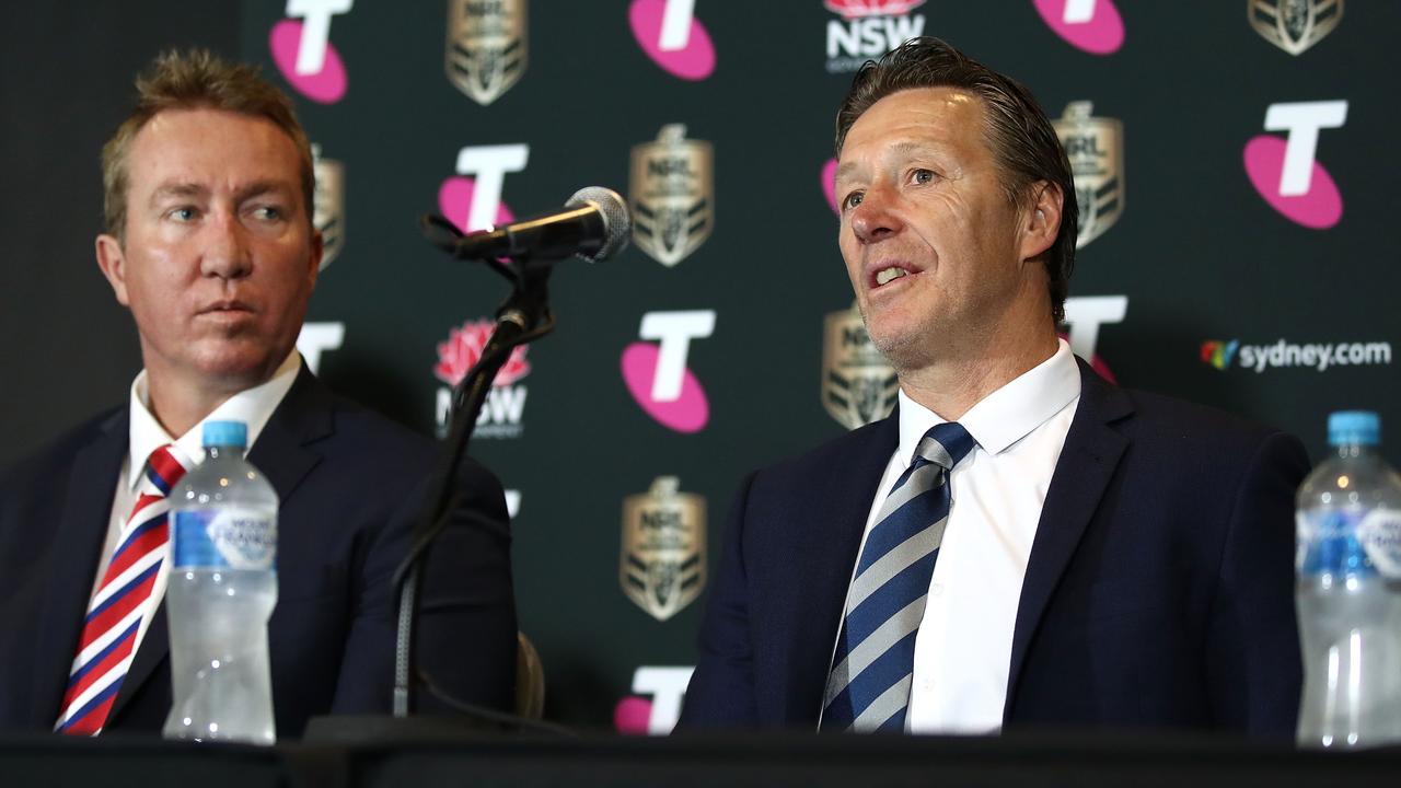 SYDNEY, AUSTRALIA - SEPTEMBER 27: (L-R) Sydney Roosters coach Trent Robinson and Melbourne Storm coach Craig Bellamy speak to the media during the 2018 NRL Grand Final press conference at the Sydney Cricket Ground on September 27, 2018 in Sydney, Australia. (Photo by Cameron Spencer/Getty Images)