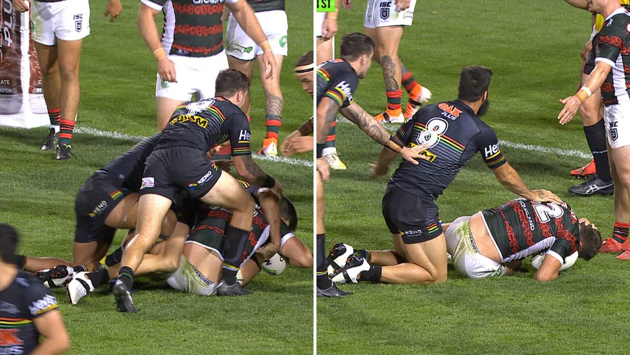 Sam Burgess is met by the Panthers defence in a potential crusher tackle