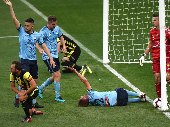 WELLINGTON, NEW ZEALAND - JANUARY 23: Siem de Jong of Sydney FC calls for medical attention during the round 15 A-League match between the Wellington Phoenix and Sydney FC at Westpac Stadium on January 23, 2019 in Wellington, New Zealand. (Photo by Hagen Hopkins/Getty Images)