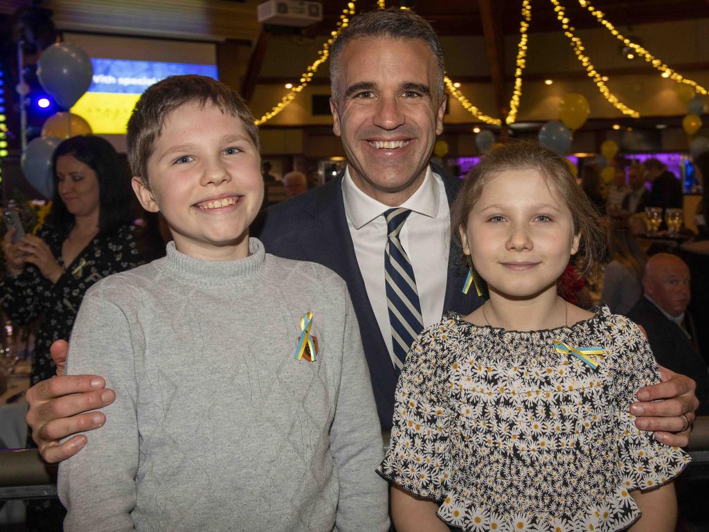 <p>Premier Peter Malinauskas with Anastasia, 8, and Max, 10, Lada. Picture: Naomi Jellicoe</p>