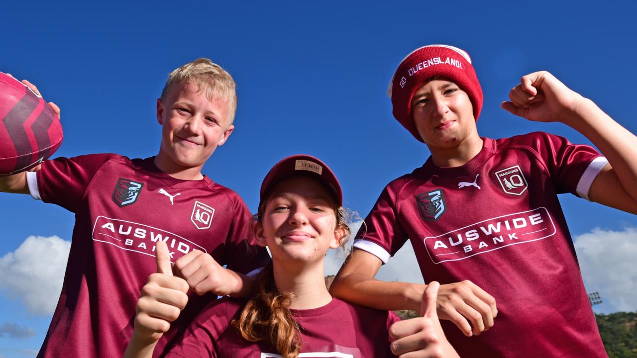 Byron Piggott, 13, of Bowen, Tayla Byrne, 13, of Kirwan and Baiden McBride, 13, of Rupertswood gear up for Origin in Townsville. Picture: Scott Radford-Chisholm