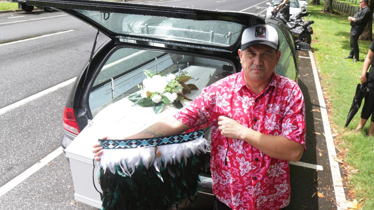 Glenn Wiremu Taiapa in front of the hearse carrying his three-year-old boy Tiwanaku Pineamine Taiapa who drowned in a septic tank at Koah on January 2. Picture: Peter Carruthers