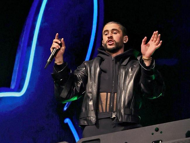 Puerto Rican rapper Bad Bunny wore a custom-made Mugler corset hoodie during his set at Coachella. Picture: Michael Loccisano/Getty Images for Coachella