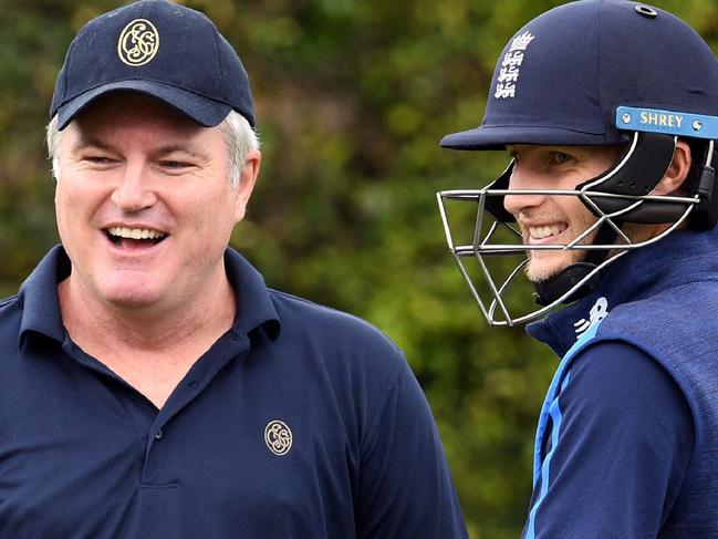 MacGill chatting with England captain Joe Root in 2018. Pic: William WEST