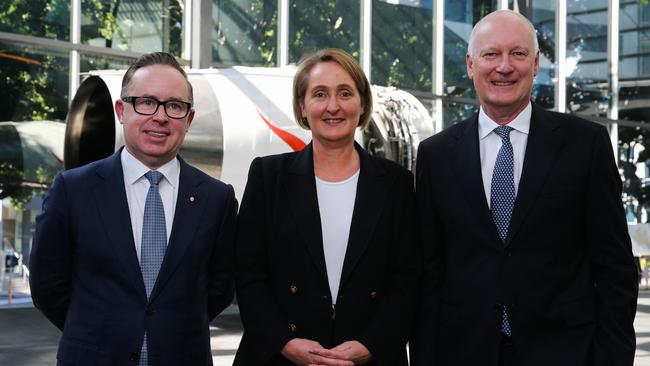 Alan Joyce, Vanessa Hudson and Qantas Group chairman Richard Goyder.