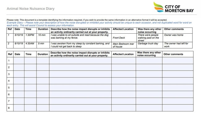 An 'Animal Noise Nuisance Diary' template on City of Moreton Bay Council’s website.