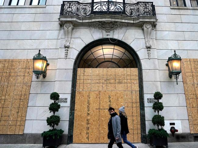 The exclusive Bergdorf Goodman store on Fifth Avenue in New York is boarded up as they make plans for potential protests. Picture: AFP